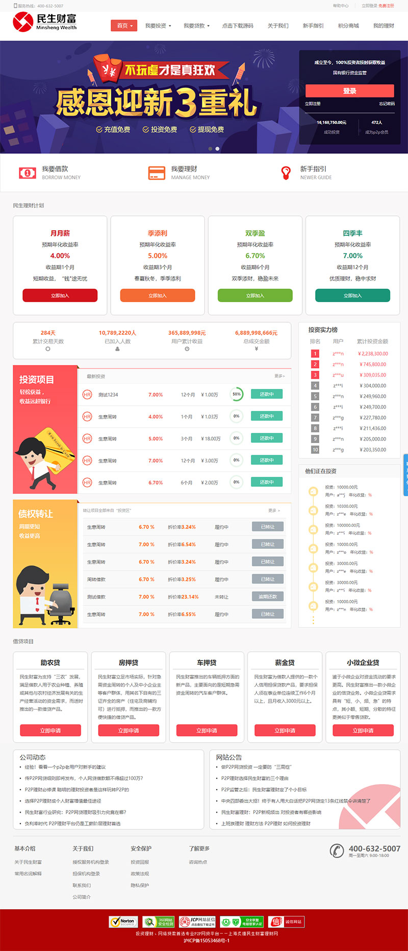 民生财富专业P2P网络贷款借贷系统投资理财平台网站源码-大大鹏源码网