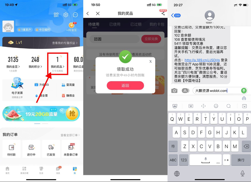 【实用】电信部分省份领取1~100元话费-大大鹏源码网